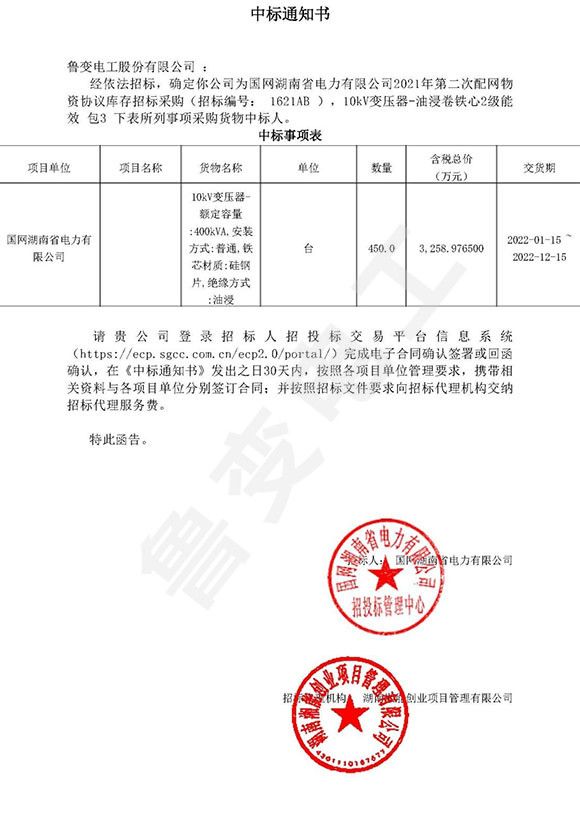 國網(wǎng)湖南省電力有限公司中標通知書